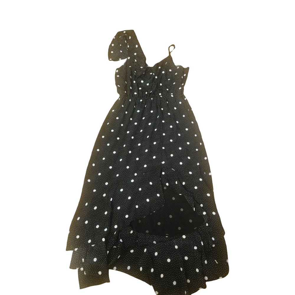 1.STATE Black Polka Dot One Shoulder Ruffle High Low Midi Dress Womens Medium